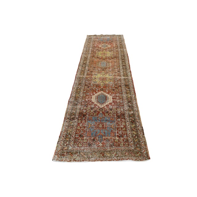 Sky Blue Antique Heriz Runner Rug With Distressed Terracotta and Sage Patina 3x10 For Sale - Image 8 of 9