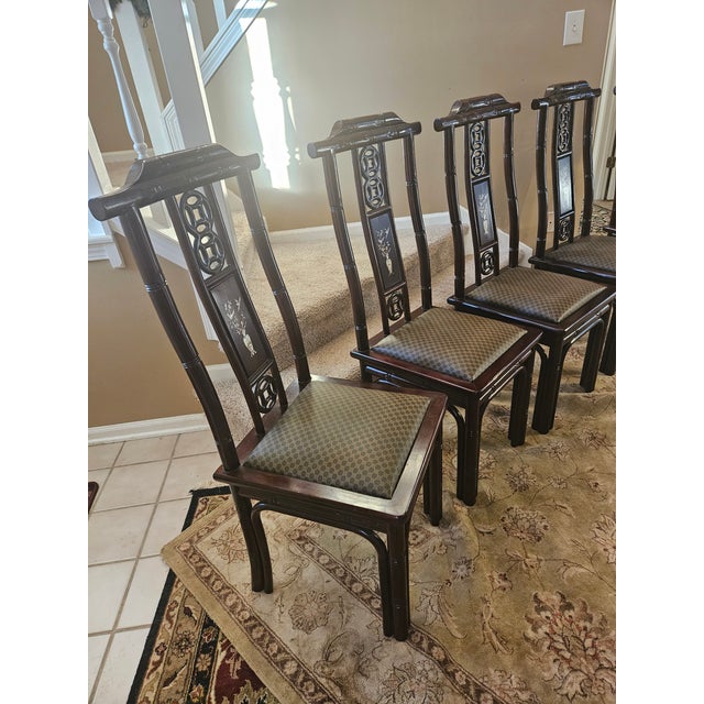 Vintage Set of Five Chinoiserie Inlaid Back Dining Side Chairs For Sale - Image 12 of 15