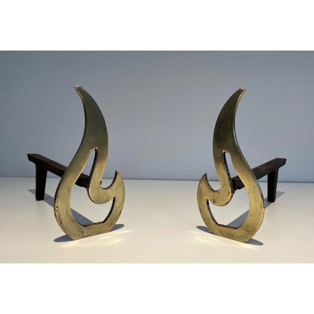 Mid-Century Modern Flame Brass Andirons - A Pair For Sale - Image 3 of 13