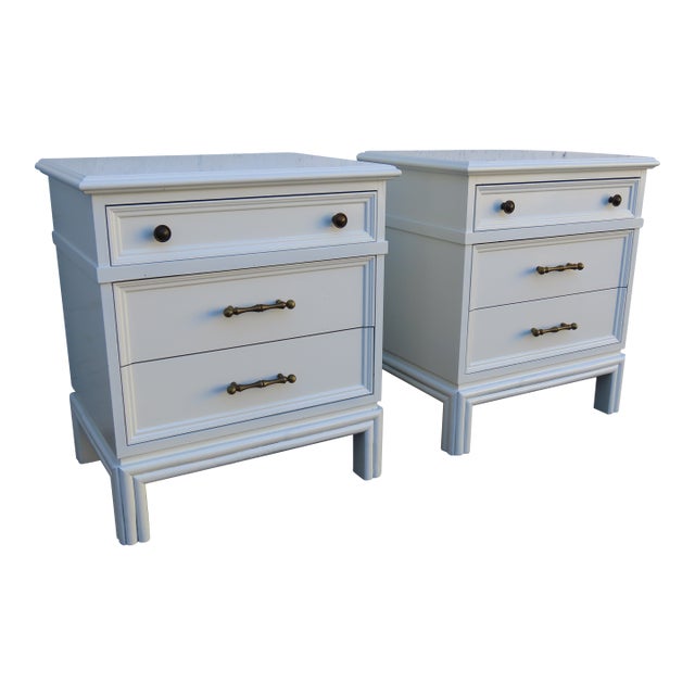 Hollywood Regency Brass Bamboo Handles Tall Nightstands End Tables a Pair 6352 For Sale