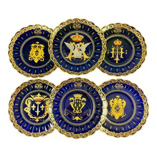 Gustave Asch French Tours Blue & Gold Porcelain Crest Plates, Set of Six For Sale