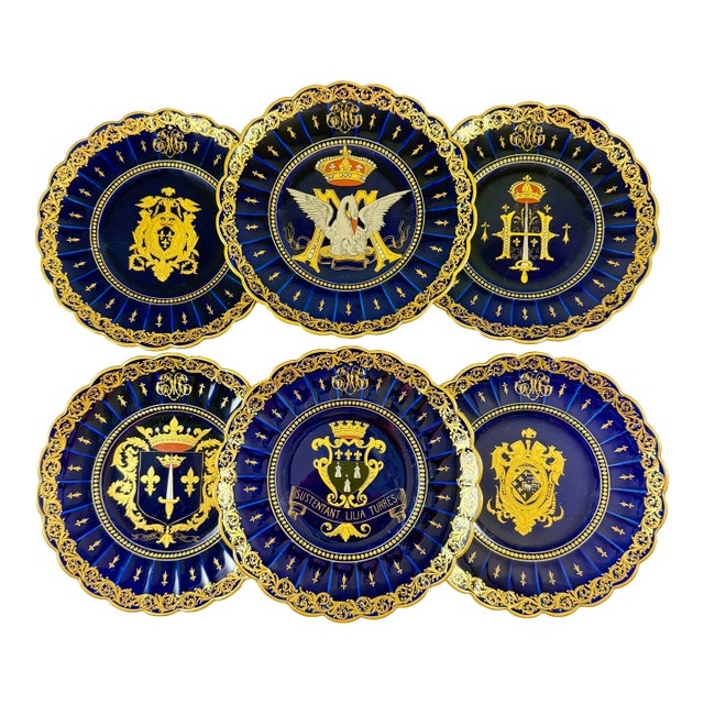 Gustave Asch French Tours Blue & Gold Porcelain Crest Plates, Set of Six For Sale
