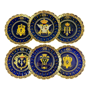 Gustave Asch French Tours Blue & Gold Porcelain Crest Plates, Set of Six