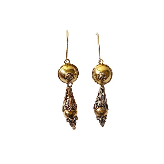 Elegant Early 19th Century hand made 18k Gold Portuguese Filigree Bomb drop earrings with a hook front hinge . with...