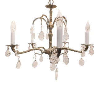 Vintage 1900-1910 French Bronze and Crystal Five-Arm Chandelier For Sale