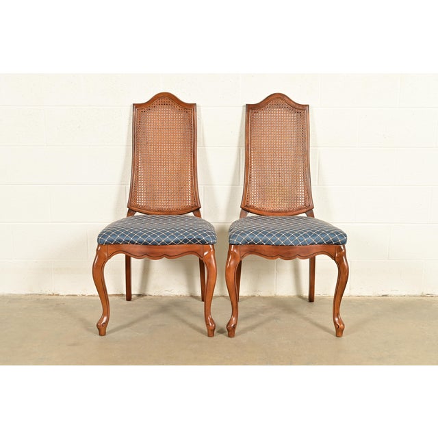 French Provincial Baker Furniture Style French Provincial Louis XV Carved Walnut and Cane Back Side Chairs or Dining Chairs, Pair For Sale - Image 3 of 14