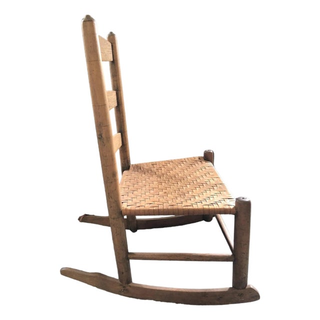 Antique Child Ladder Back Chairs With Splint Weaver Seats , a Rocker and a Chair For Sale