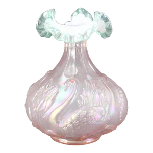Mid 20th Century George Fenton Signed Opalescent Iridescent Pink & Green Ruffled Crest Swan Vase