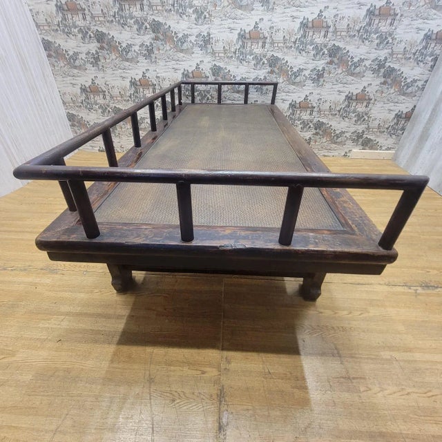 Antique Shanxi Province Elm and Rattan Inlay Opium Bed For Sale - Image 4 of 13