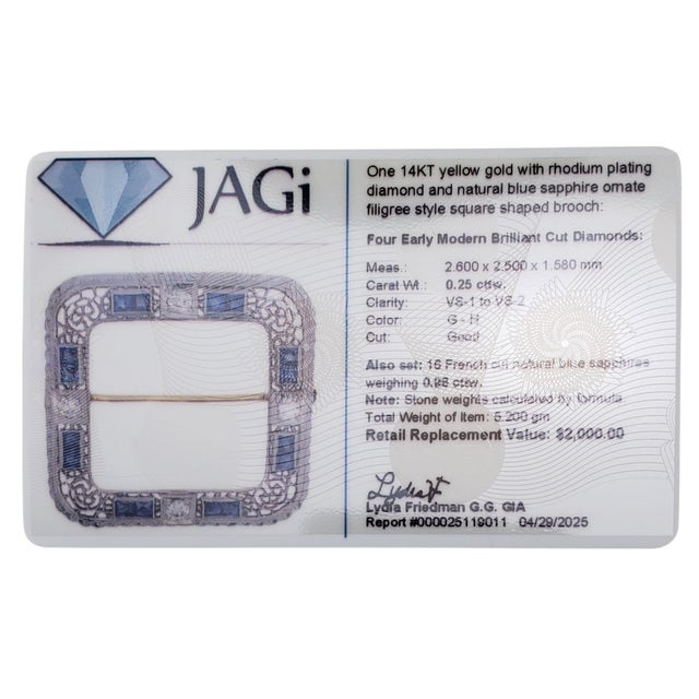 Metal Mid 20th Century 14k Rhodium Finish Yellow Gold Sapphire and Diamond Filigree Brooch For Sale - Image 7 of 8