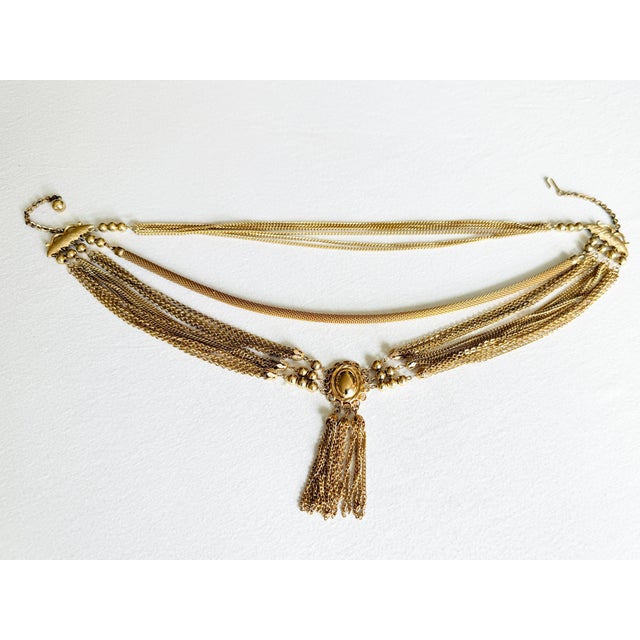 Miriam Haskell Vintage 1970s Gold Tone Multi-Strand Tassel Bib Necklace, Etruscan Revival Style For Sale - Image 4 of 16
