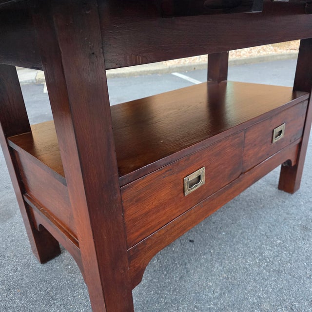 American Craftsman Style Rustic Oak Drop-Leaf Console/Dining Table, Imported From Bulgaria by Crate & Barrel Co., 2005 [Unsigned] For Sale - Image 9 of 15