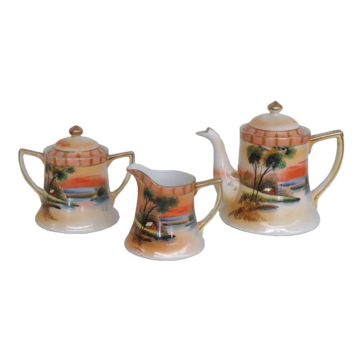 Takito Japan Hand Painted Teapot Creamer and Sugar Bowl Set | Chairish