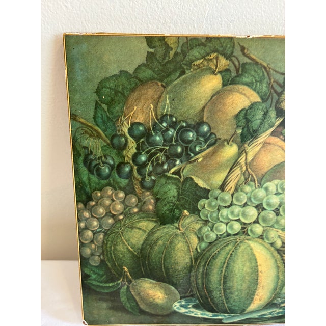 Vintage still life fruit print mounted on wood panel featuring a classic basket of fruit composition with grapes, melons,...