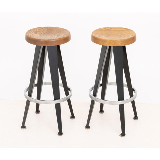 Late 20th Century Pair of After Jean Prouve Circular Oak Seat Bar Stools For Sale - Image 5 of 10