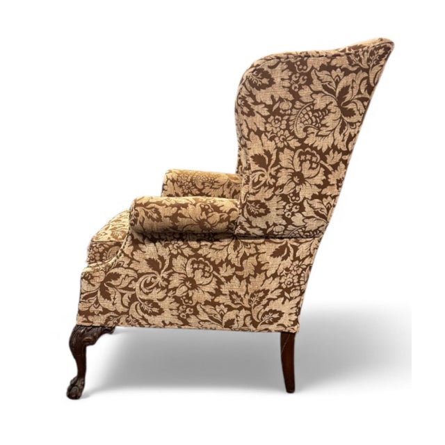 18th Century Georgian Style Upholstered Wing Chair With Carved Ball & Claw Legs Brass Nail Trim For Sale - Image 4 of 6
