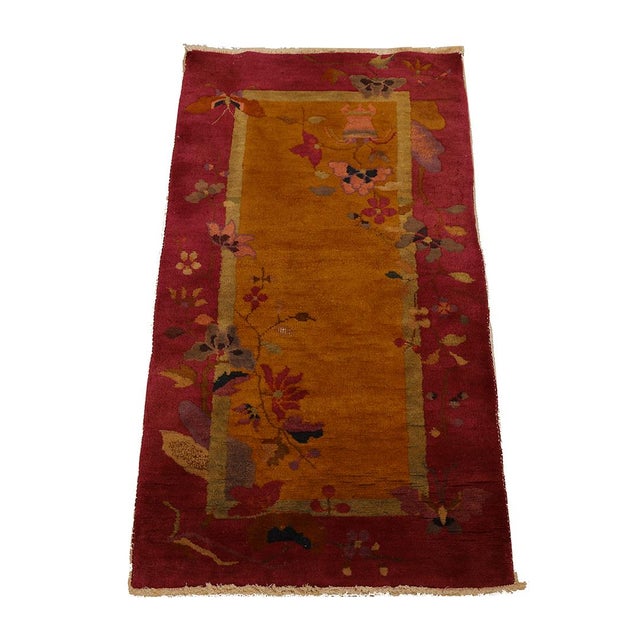 1930s Chinese Art Deco Hand-Knotted Red & Golden Wool Rug For Sale - Image 4 of 9