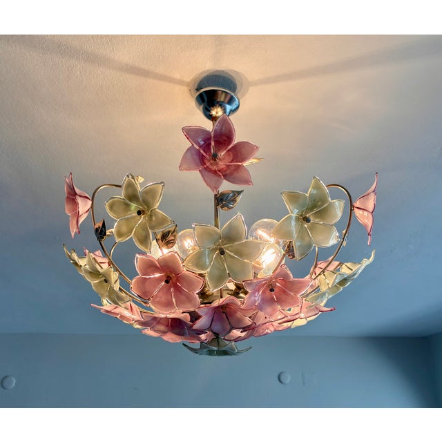 Vintage Italian Murano Style Botanical Flower Ceiling Light, Vintage Handblown Pink Green Glass Bouquet Chandelier, 5-Light Flush Mount For Sale - Image 14 of 17