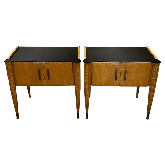 Italian Nightstands with Black Glass Tops, 1950s, Set of 2 For Sale