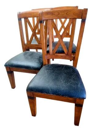Four Solid Wood Dining Chairs, Decorated With Leather Strips