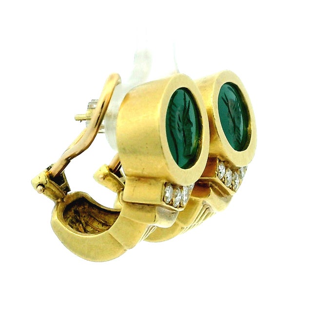 1980s GWK 18k Gold Chrysoprase Intaglio Diamond Earrings, Pair For Sale - Image 4 of 12