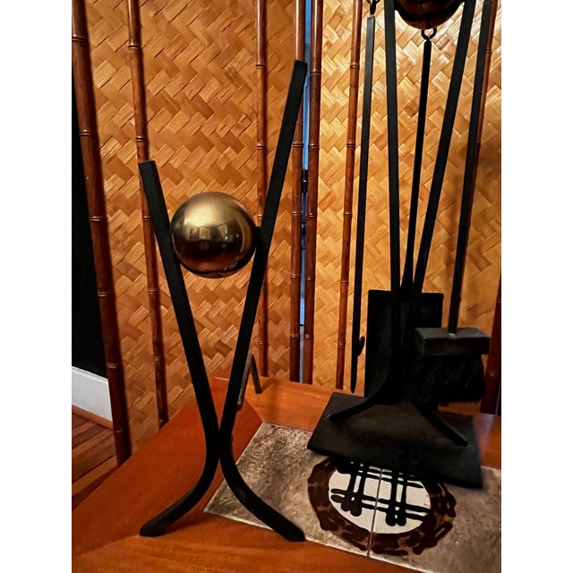 Bennett Co. Donald Deskey MCM Fireplace Tools Iron Andirons and Fireplace Tool Set- 6 Pieces For Sale - Image 4 of 10