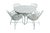 A verdigris patio dining table and four matching chairs circa 1970, made of cast aluminum. The table is constructed with...
