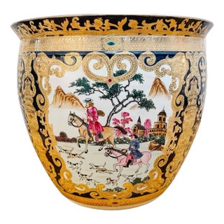 Large Chinese Fish Bowl Planter With European Hunting Scenes For Sale