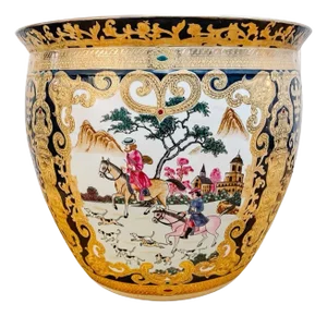 Large Chinese Fish Bowl Planter With European Hunting Scenes