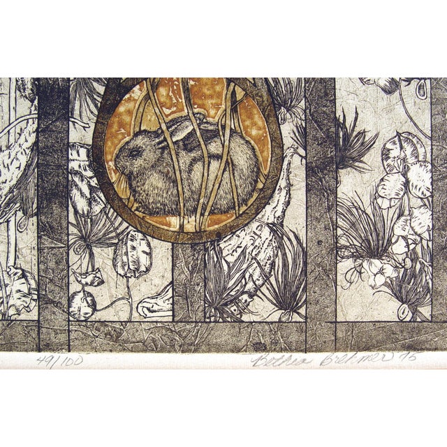 Vintage etching on paper entitled "Flights of Fantasy" by Bethia Brehmer of a rabbit in a garden. Signed, numbered 49/100,...