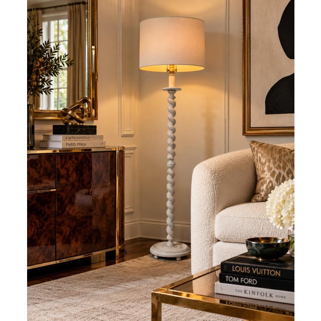 Striking 1970s Hollywood Regency floor lamp featuring an elongated sculptural wood column with distinctive spiral twist...