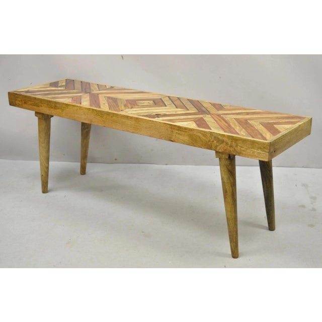 Modern Slatted Wood 48" Geometric Inlay Rustic Farmhouse Coffee Table Bench. Item features beautiful wood grain, tapered...
