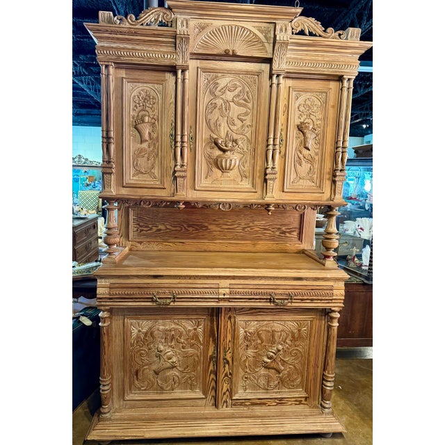 Impressive Antique 19th Century French Pitch Pine Double Buffet With Hand-Carved Motifs and Gorgeous Brass Hardware....