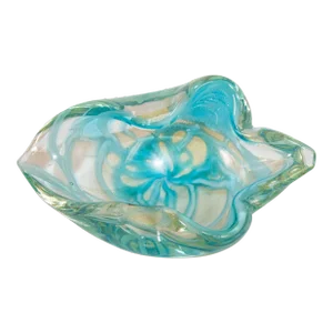 Mid-Century Modern Sculptural Aqua Blue & Gold Hand Blown Murano Glass Bowl