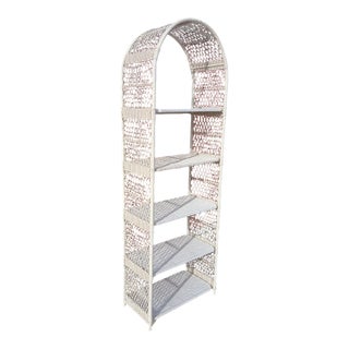 Vintage Boho-Chic White Rattan & Wicker 5-Tier Arched Bookcase For Sale