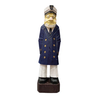 Tall 1970's Vintage Coastal Nautical Folk Art Hand-Carved Wooden Sea Captain Sculpture – 17.5” For Sale