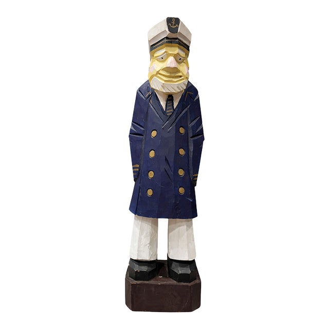 Tall 1970's Vintage Coastal Nautical Folk Art Hand-Carved Wooden Sea Captain Sculpture – 17.5” For Sale