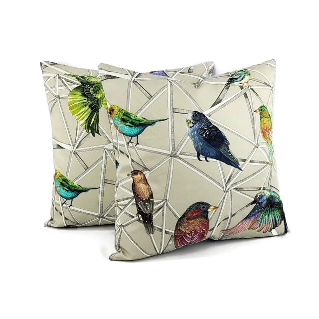 Scattered Rainbow Birds on Geometric Osborne and Little Aviary Fabric in Multi Pillow Cover - 20" X 20" - a Pair For Sale - Image 11 of 11
