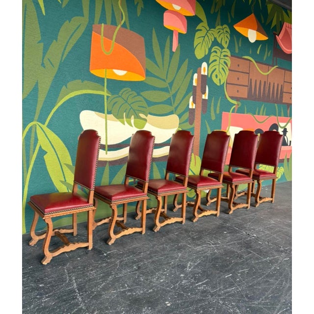 Wood Spanish Revival Leather Dining Chairs - 6 For Sale - Image 7 of 13
