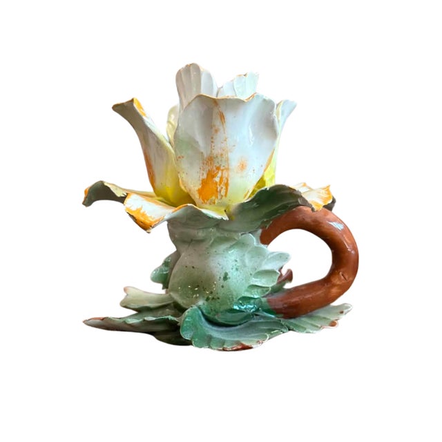 French Provincial Vintage Majolica Style Ceramic Flower Candlestick Holder For Sale - Image 3 of 5
