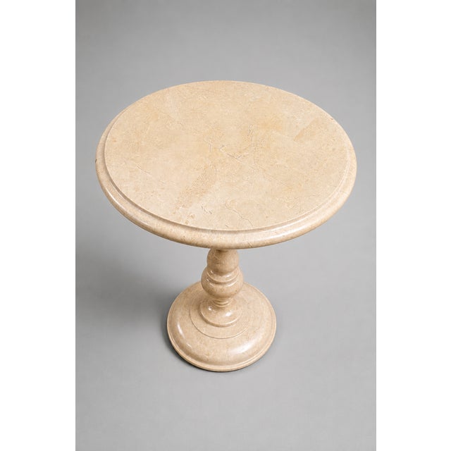 Handcrafted Beige Marble Pedestal Side Table | Round Stone Accent Table For Sale - Image 4 of 5