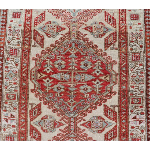 Ivory Antique Hand-Knotted Sarab Runner With Sub-Geometric Design in Red, Blue & Ivory 3'0 X 10'5 For Sale - Image 8 of 13