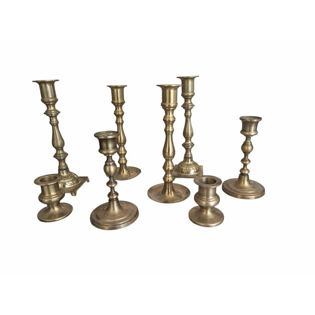 American Vintage Brass Candlestick Holders for Thanksgiving Tablescape- Set of 8 For Sale - Image 3 of 8