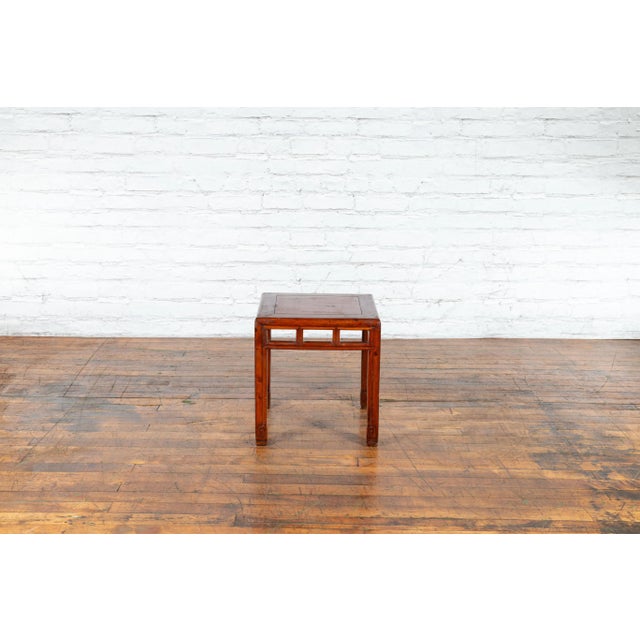 Wood Vintage Chinese Red Lacquer Side Table with Open Apron and Carved Scrolling Feet For Sale - Image 7 of 13