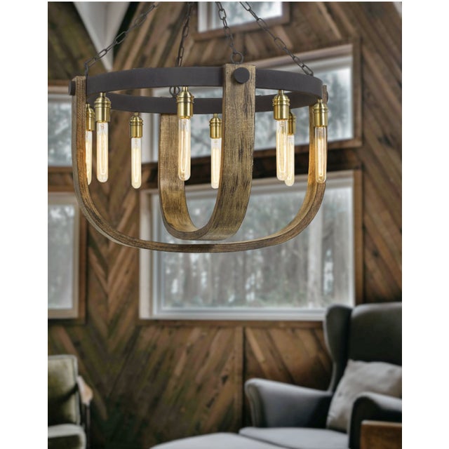 Farmhouse Apulia Rustic Wood & Iron Chandelier, 30" Round, 8-Light Industrial Farmhouse, New in Box For Sale - Image 3 of 6