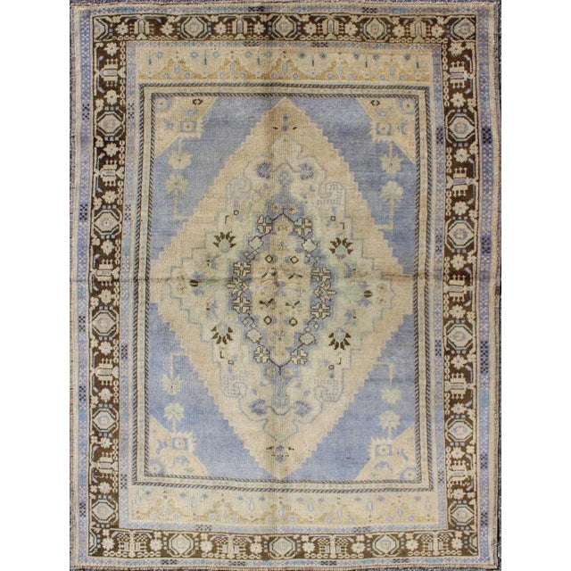 Textile Mid 20th Century Light Purple and Cream Vintage Turkish Oushak Rug With Medallion Design For Sale - Image 7 of 7
