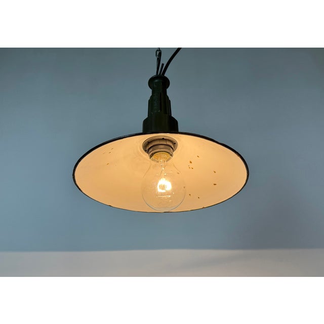 Industrial Petrol Enamel Military Pendant Lamp with Cast Aluminium Top, 1960s For Sale - Image 10 of 17