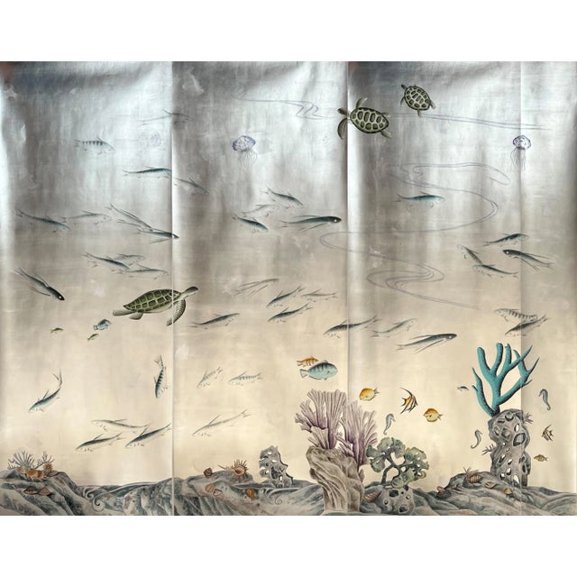 Hand Painted Coral Fish Wallpaper on Antiqued Silver Metallic Panel - Set of 4 For Sale