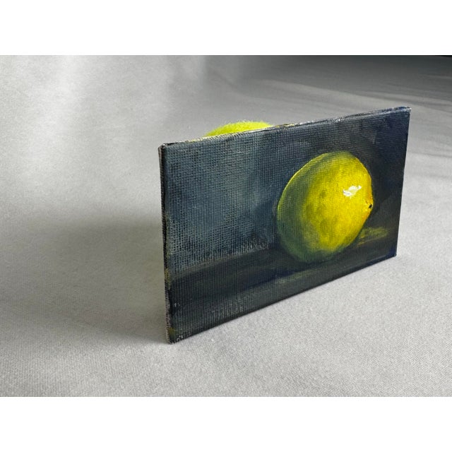 Vintage Traditional Dutch Sill Life ‘Lemon’ Small Original Oil Painting in Ink Blue, Yellow, Dark Green For Sale - Image 4 of 11