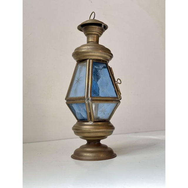 1930s Art Deco Lantern in Brass and Etched Colored Glass, 1930s For Sale - Image 5 of 8
